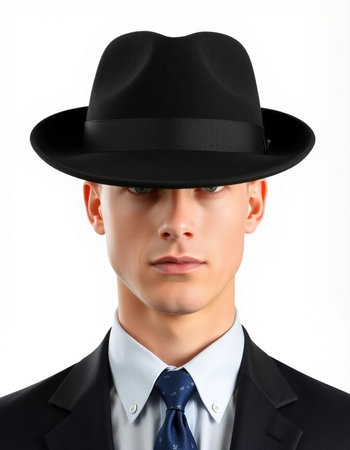Portrait of a young man in a black hat on a white backgroundの写真素材