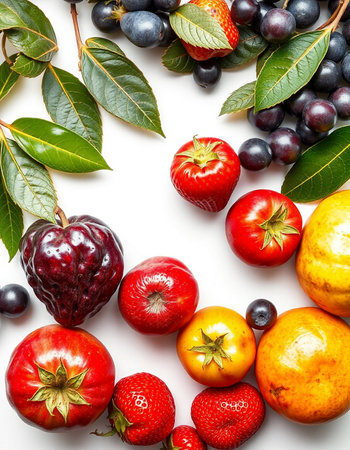 Fruits and berries on a white background. View from above.