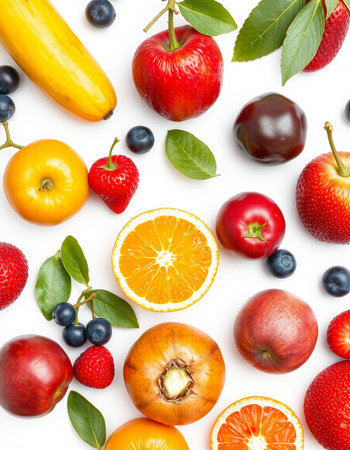 Fruits and berries isolated on white background. Flat lay, top viewの写真素材