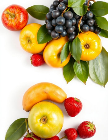 Fruits and vegetables isolated on a white background. Top view.の写真素材