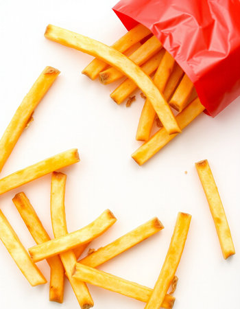 French fries in a red package on a white background. Top view.
