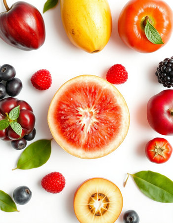 Fresh fruits and berries isolated on white background. Top view. Flat lay patternの写真素材