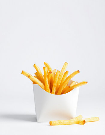 French fries in a white box on a white background. Fast food.
