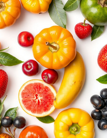 Fruits and vegetables on white background. Flat lay, top viewの写真素材