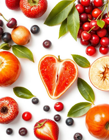 Fruits and berries on white background. Flat lay, top viewの写真素材
