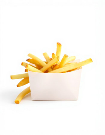 French fries in a white box on a white background. Isolatedの写真素材