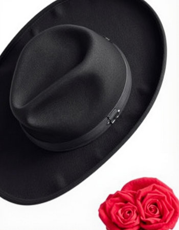 Black hat and red rose on a white background. Fashionable concept.の写真素材