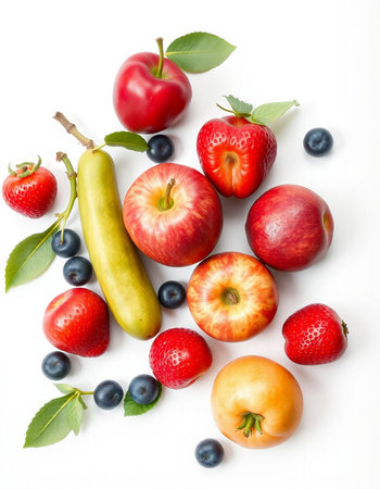 Fresh fruits and vegetables isolated on white background. Top view. Flat lay.の写真素材