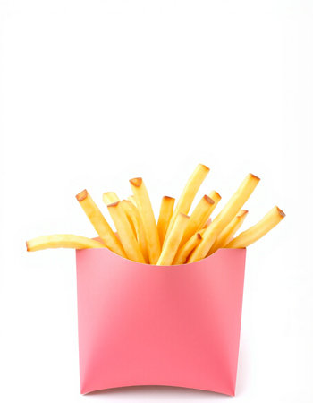 French fries in a pink box isolated on white background with copy spaceの写真素材