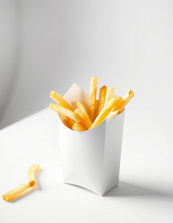 French fries in a white paper box on a white background. Close-up.