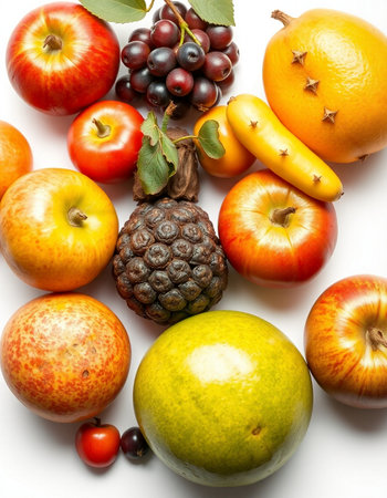 Fruits isolated on a white background. Healthy eating concept. Top view.の写真素材