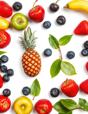 Mix of fruits and berries isolated on white background. Flat lay, top viewの写真素材