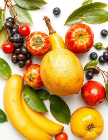 Fresh fruits and vegetables on a white background. Healthy food concept.