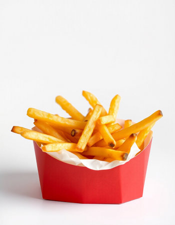French fries in a red box on a white background with copy spaceの写真素材