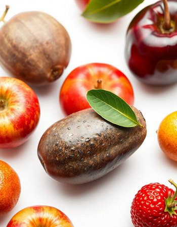 Composition with fresh fruits and stones on white background, closeupの写真素材
