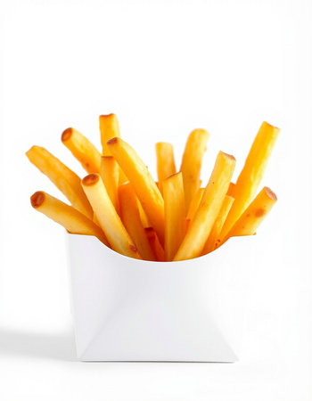 French fries in a white box on a white background. Selective focus.