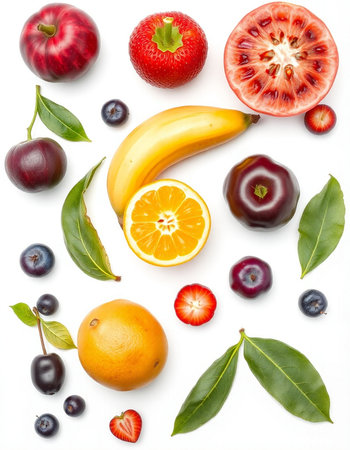 fresh fruits and berries isolated on white background. Top view. Flat lay pattern