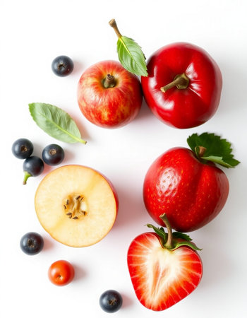 Red apple, blackberry, strawberry and blueberry on white backgroundの写真素材