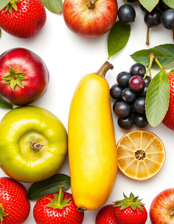 Fruits and berries isolated on white background. Top view. Flat lay.の写真素材