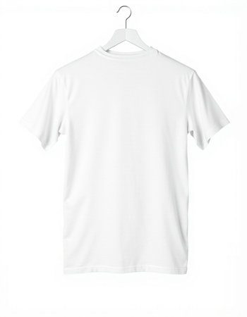 White t-shirt on a hanger on a white background.