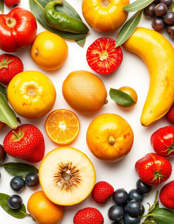 Fruits and berries on a white background. Flat lay, top view