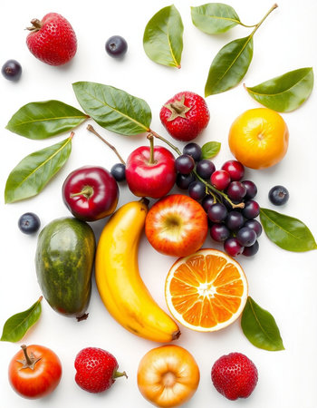 Fruits and vegetables on white background. Top view. Flat layの写真素材