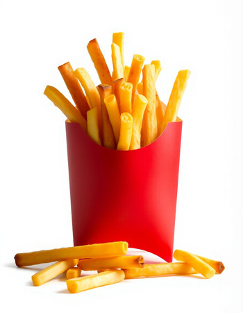 French fries in a red box on a white background. Isolated