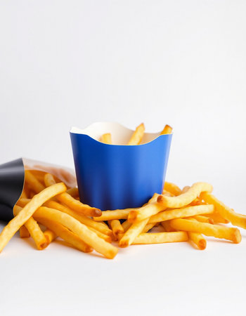 French fries in a blue box on a white background, fast foodの写真素材