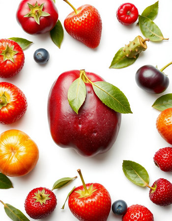 Composition with fresh berries and apples on white background, top viewの写真素材