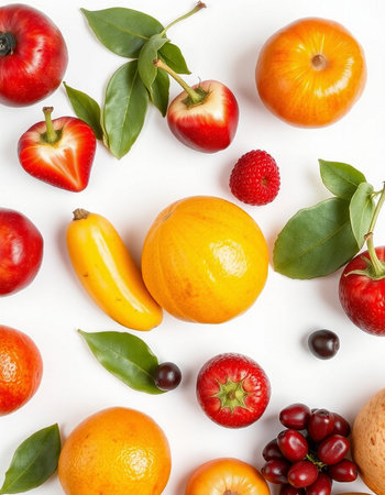 Fruits and berries on white background. Flat lay, top view