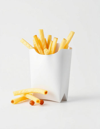 French fries in paper box on white background. Fast food concept.