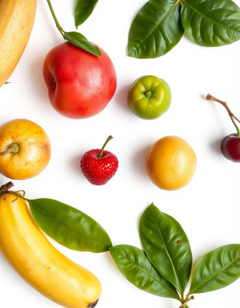 Fruits and vegetables on white background. Flat lay, top viewの写真素材
