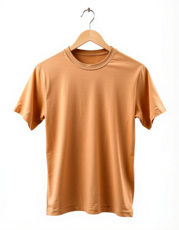 Orange t-shirt on a hanger isolated on a white backgroundの写真素材