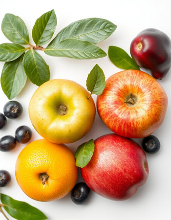 Fruits and berries on a white background. View from above.の写真素材