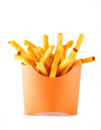French fries in paper box isolated on white background. Clipping Path