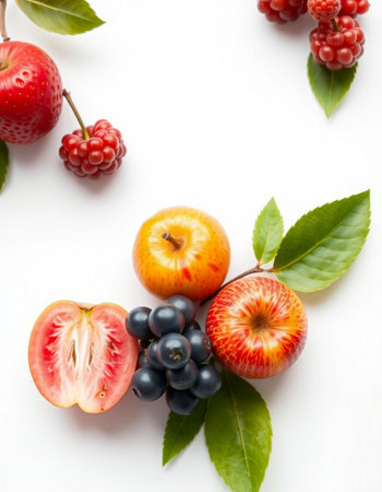 Ripe fruits and berries on white background. Flat lay, top view