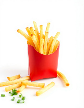 French fries in a red box on a white background. Selective focus.
