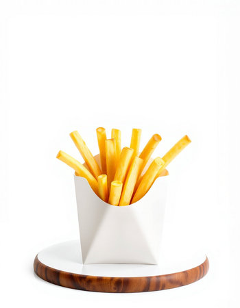French fries in a white box on a wooden stand on a white backgroundの写真素材