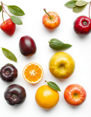 Fruits isolated on a white background. Flat lay, top view