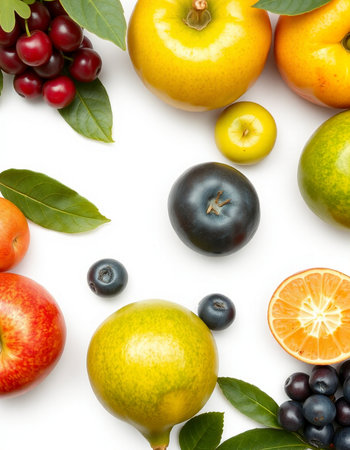Fruits and berries isolated on white background. Top view. Flat lay patternの写真素材