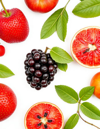 fruits and berries isolated on white background. Top view. Flat lay pattern.の写真素材