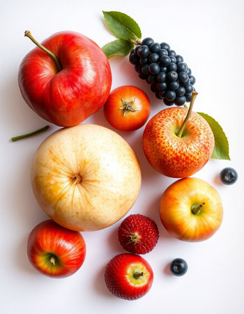 Red apples, blackberries, blueberries and strawberries on white backgroundの写真素材