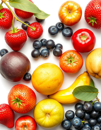 Fresh fruits and berries isolated on a white background. Top view.