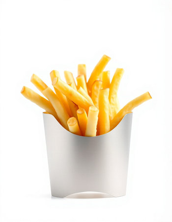 French fries in a paper box on a white background. Isolated