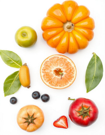 Collection of fruits and vegetables isolated on white background. Top view.の写真素材