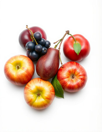 Fruits isolated on a white background. Ripe plums, grapes and apples.