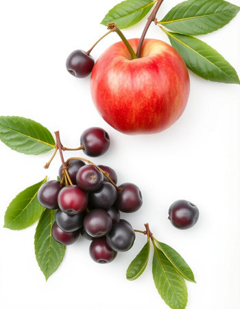 Ripe red apple and black cherries on a white background.の写真素材