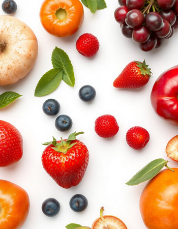 Fruits and vegetables on a white background. Healthy food concept.