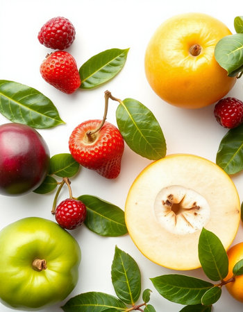 Mix of fresh fruits and berries on white background, top view.