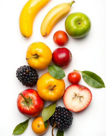 Fruits isolated on white background. Healthy eating concept. Top view.の写真素材